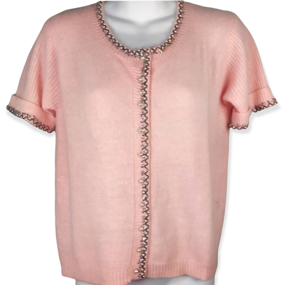 Vintage Fuzzy 50s Pink Beaded Lambswool Angora Sweater Size Large